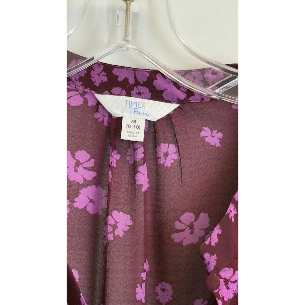 Time and Tru Womens M 8-10‎ Burgundy Purple Floral Pleated Chiffon Mini Dress